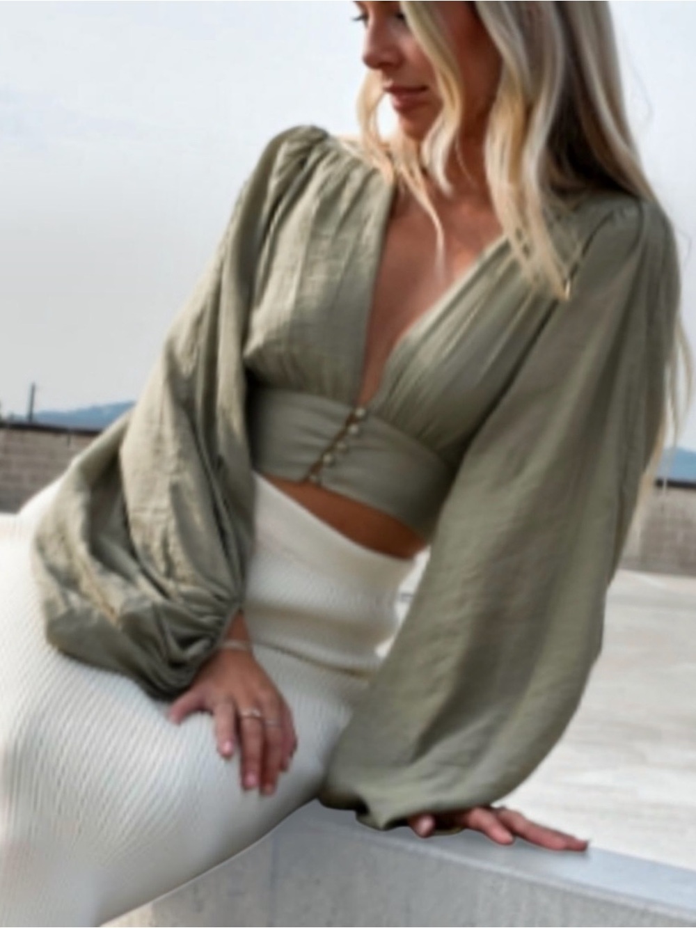 NEW Corset Peplum Lantern Sleeve Sage Satin Plunge Neck Top Women’s Size Large